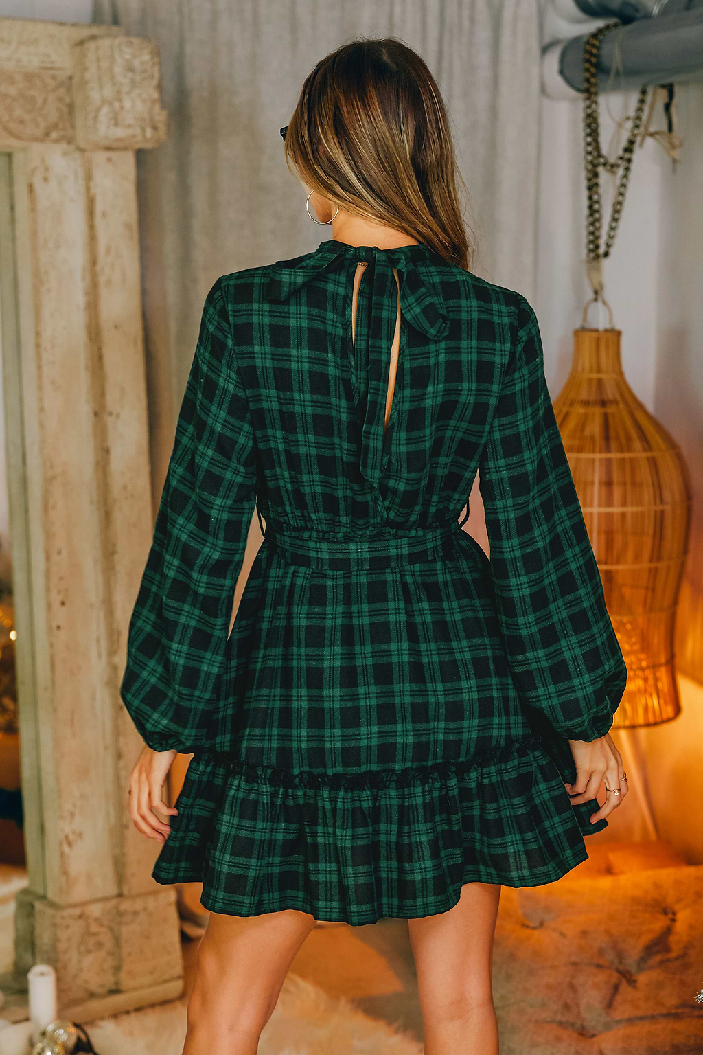 Abigai Belted Plaid Flounce Dress