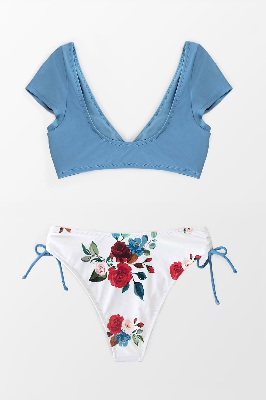 Knotted Cap Sleeves Drawstring Bikini Swimsuit