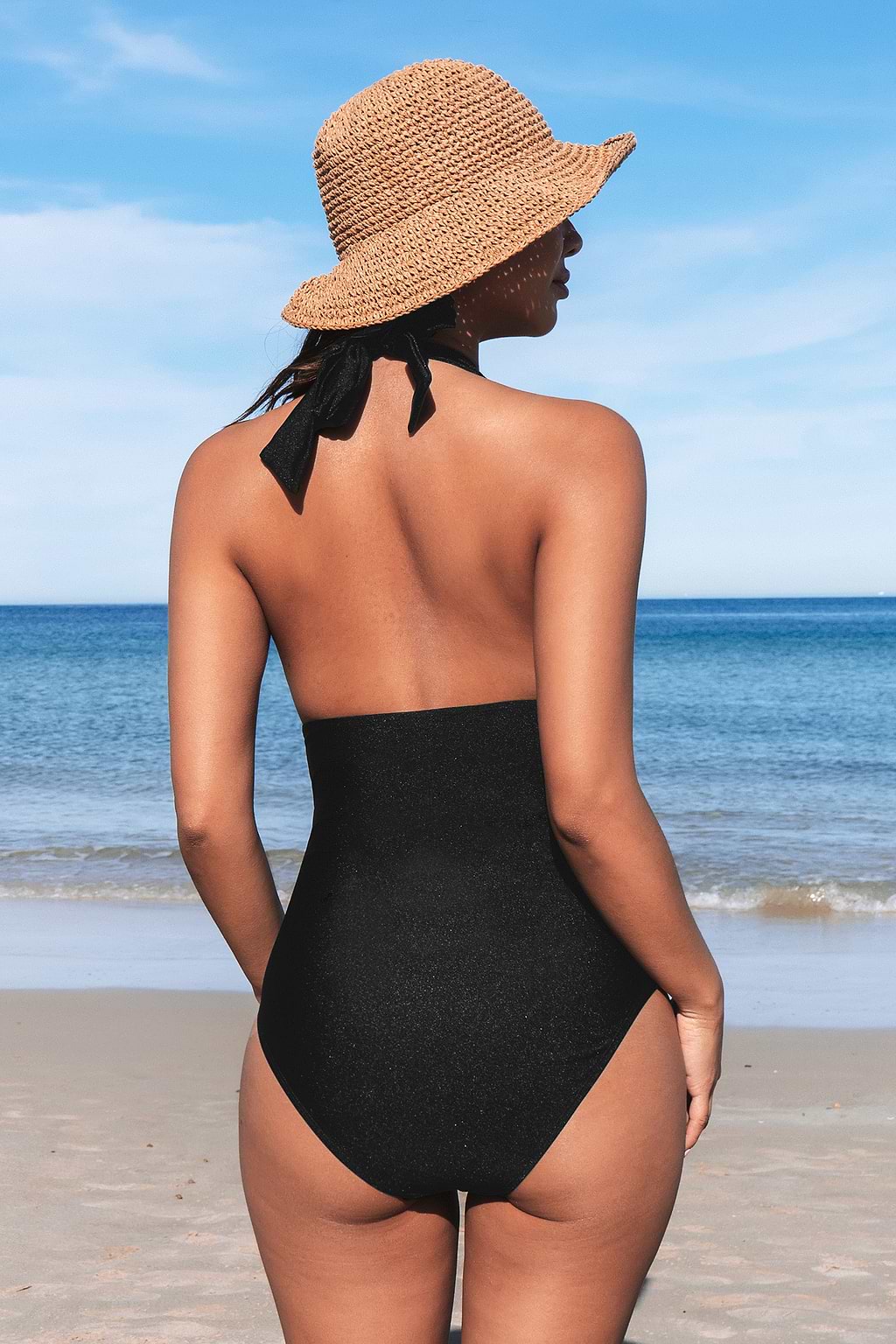 Plunge Halter Tie Back Shirred One Piece Swimsuit