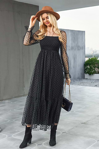 Long Sleeve Clip Dot Smocked Black Maxi Dress-Cupshe NZ