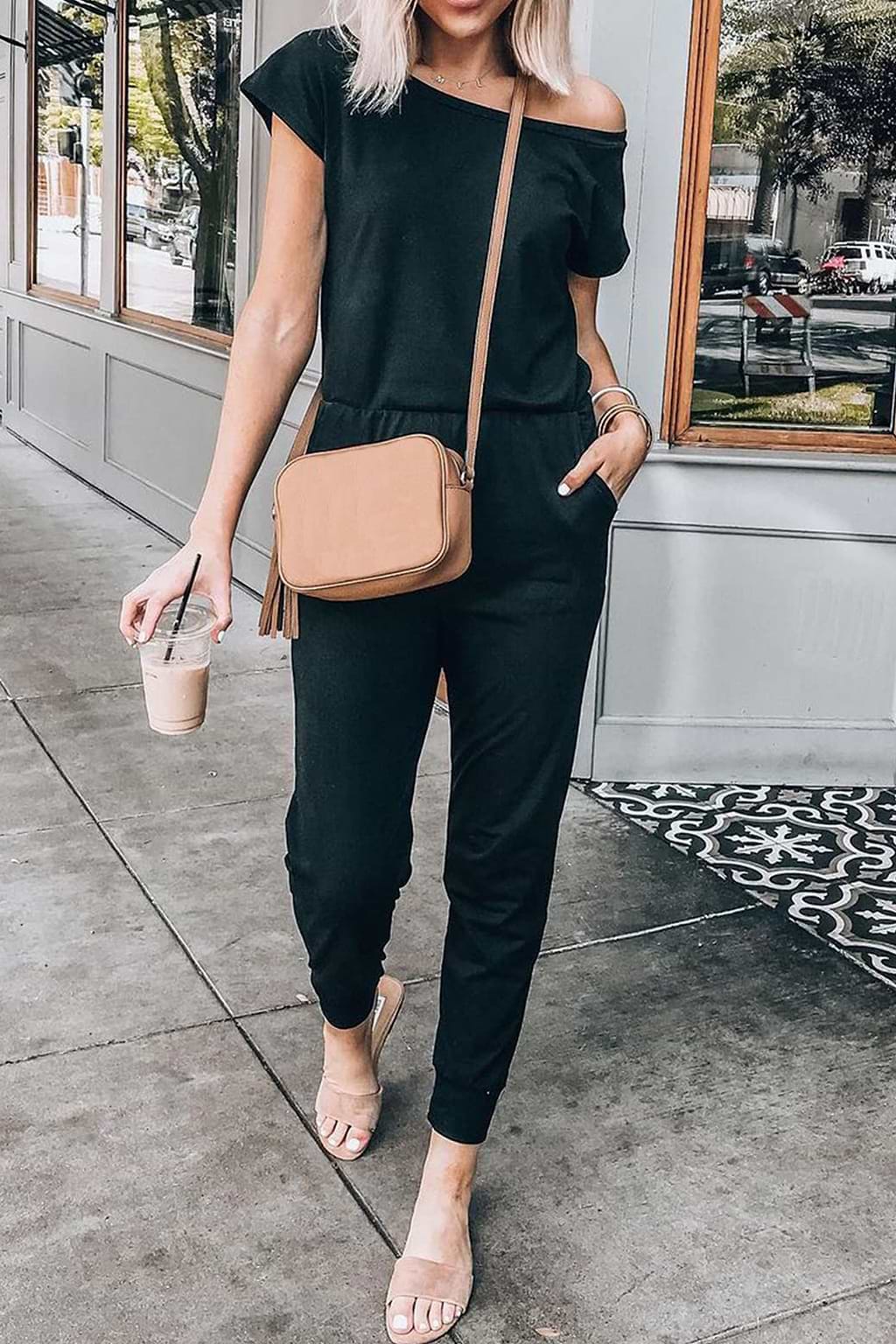 Eine-Schulter lockerer Jumpsuit in Schwarz