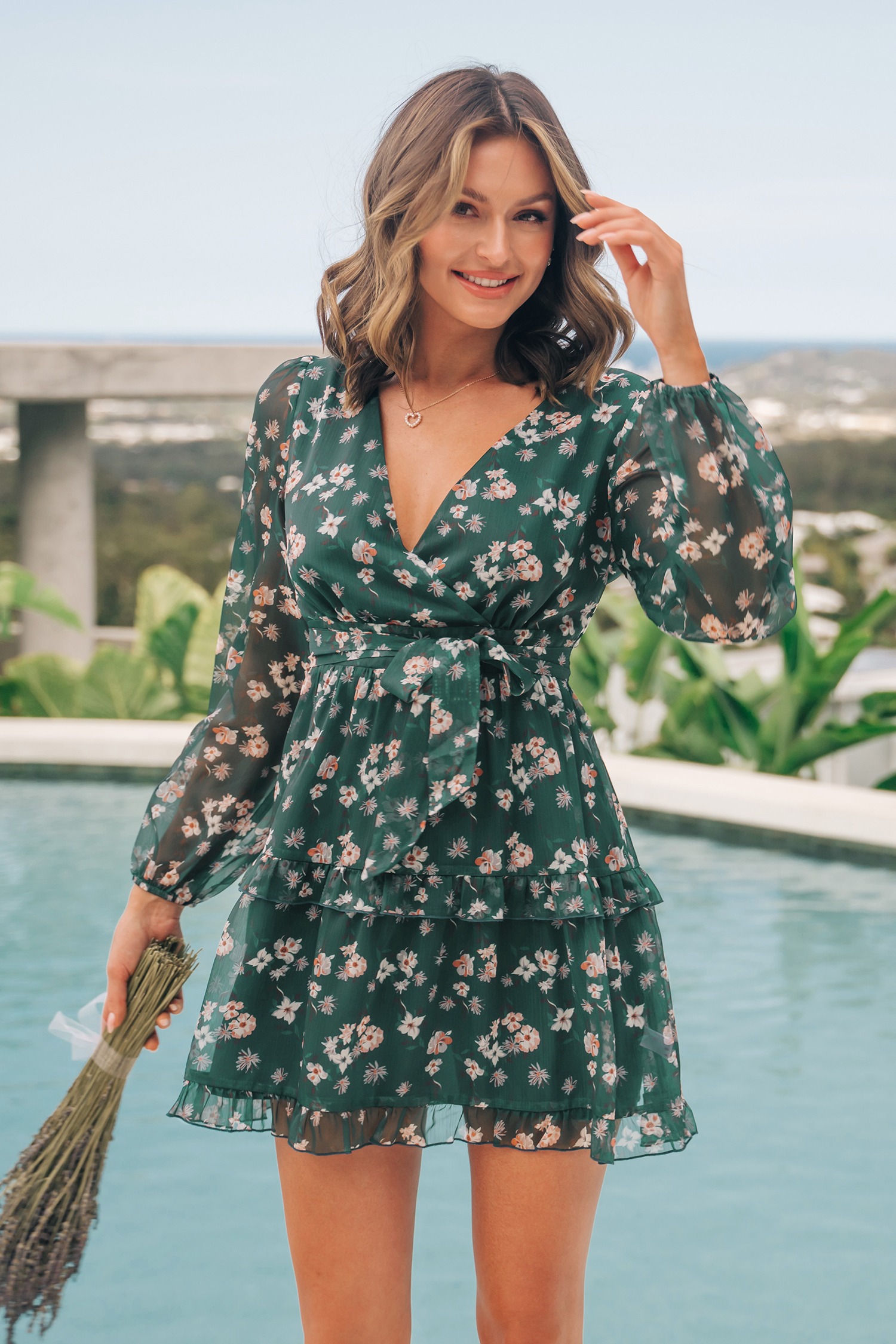 Bottom Bay Long Sleeve V-neck Ruffle Dress