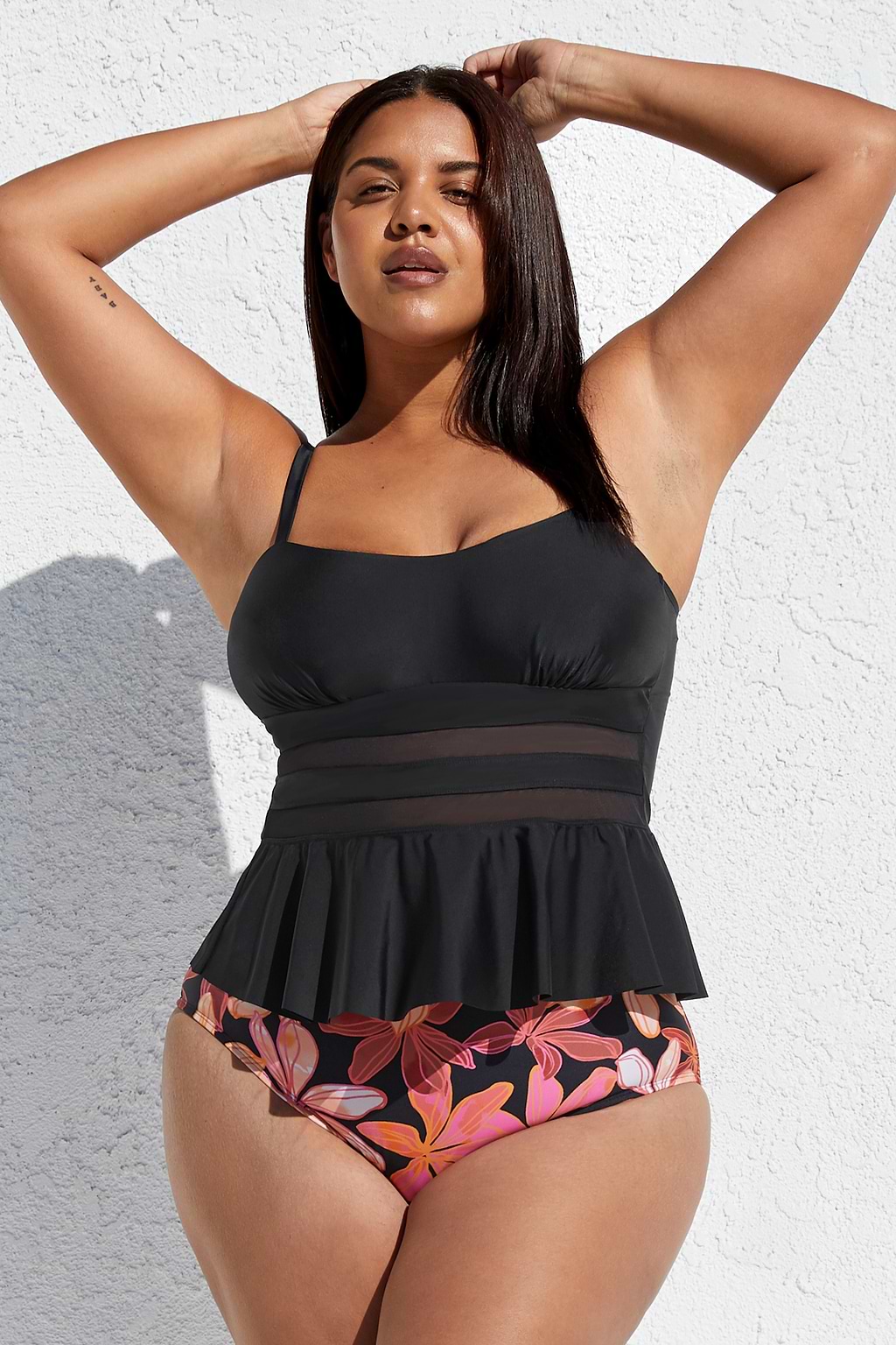 Tankini con peplum de malla y conjunto retro de talla grande