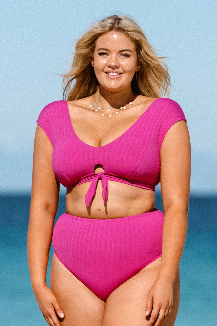 Breezy Rib Faux Tie Cap Sleeve Bralette Plus Size Bikini Top
