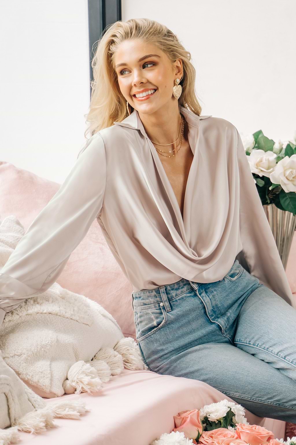 Candy Tree Long Sleeve Split Neck Top