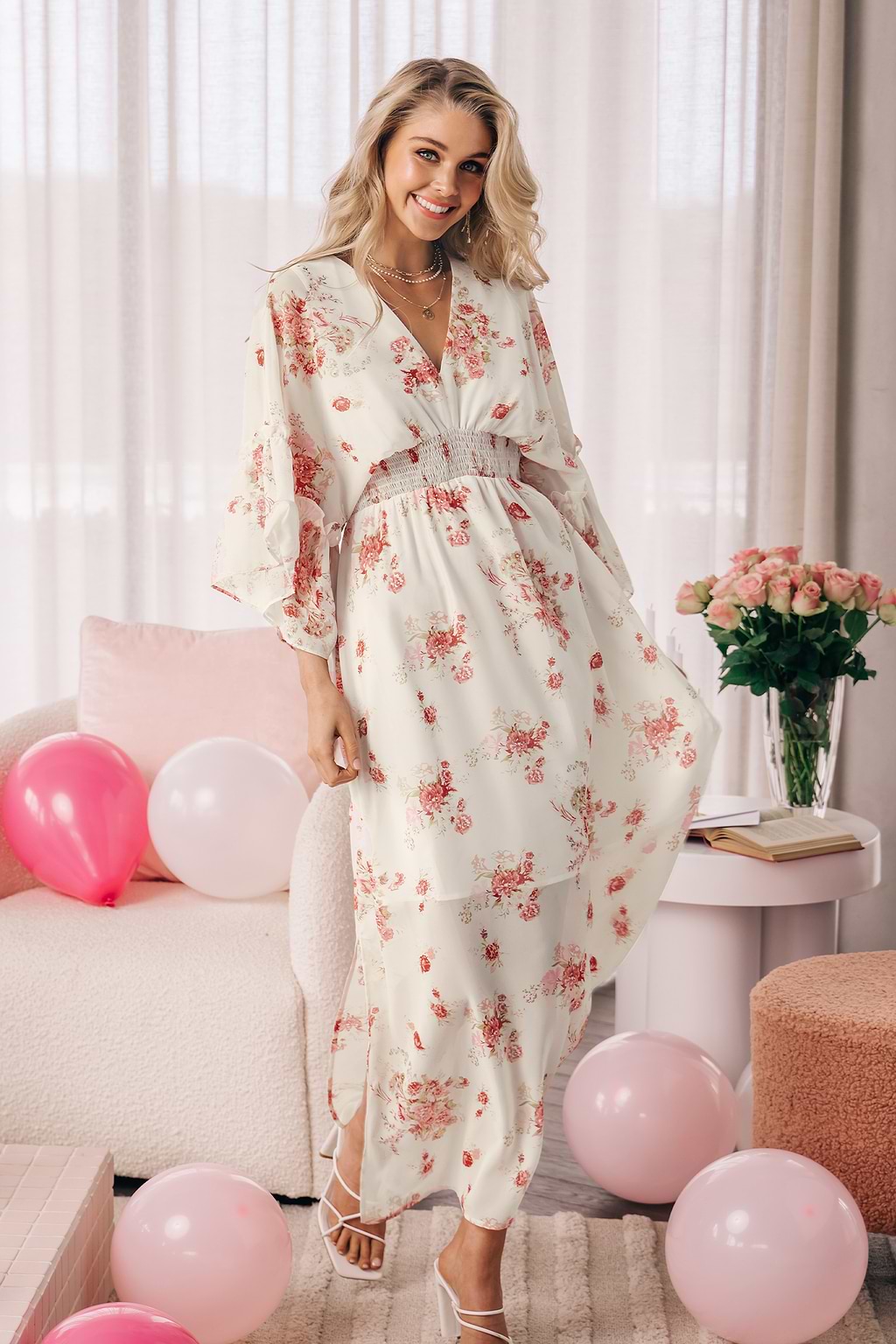 Flared Long Sleeve Smocking Maxi Dress
