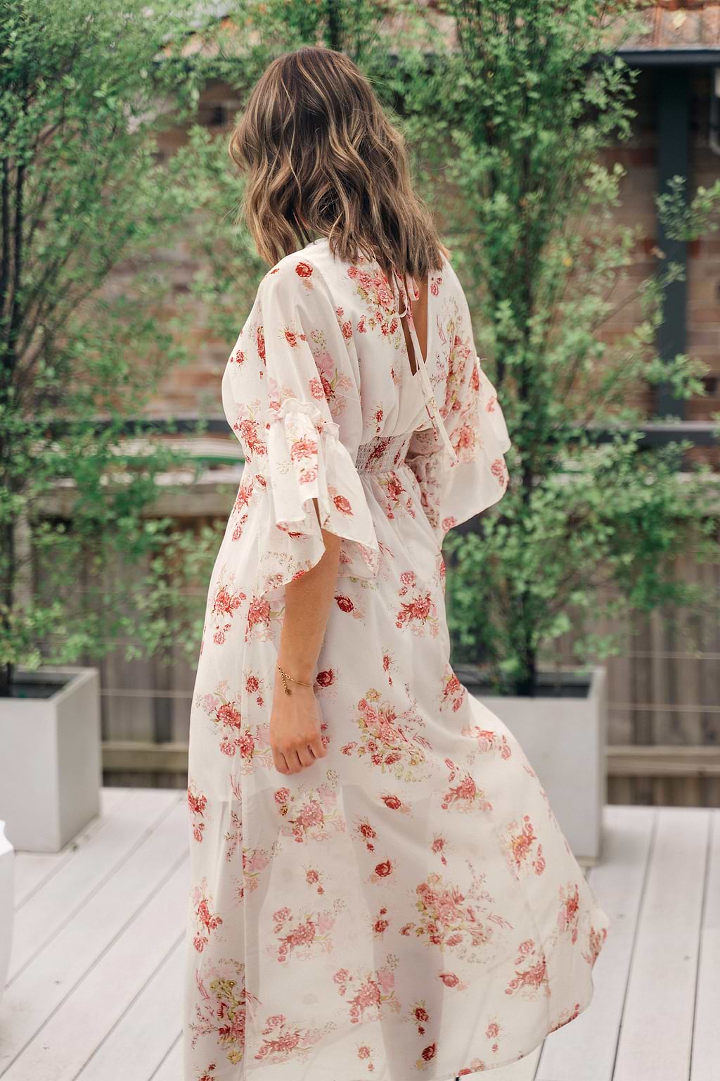 Flared Long Sleeve Smocking Maxi Dress