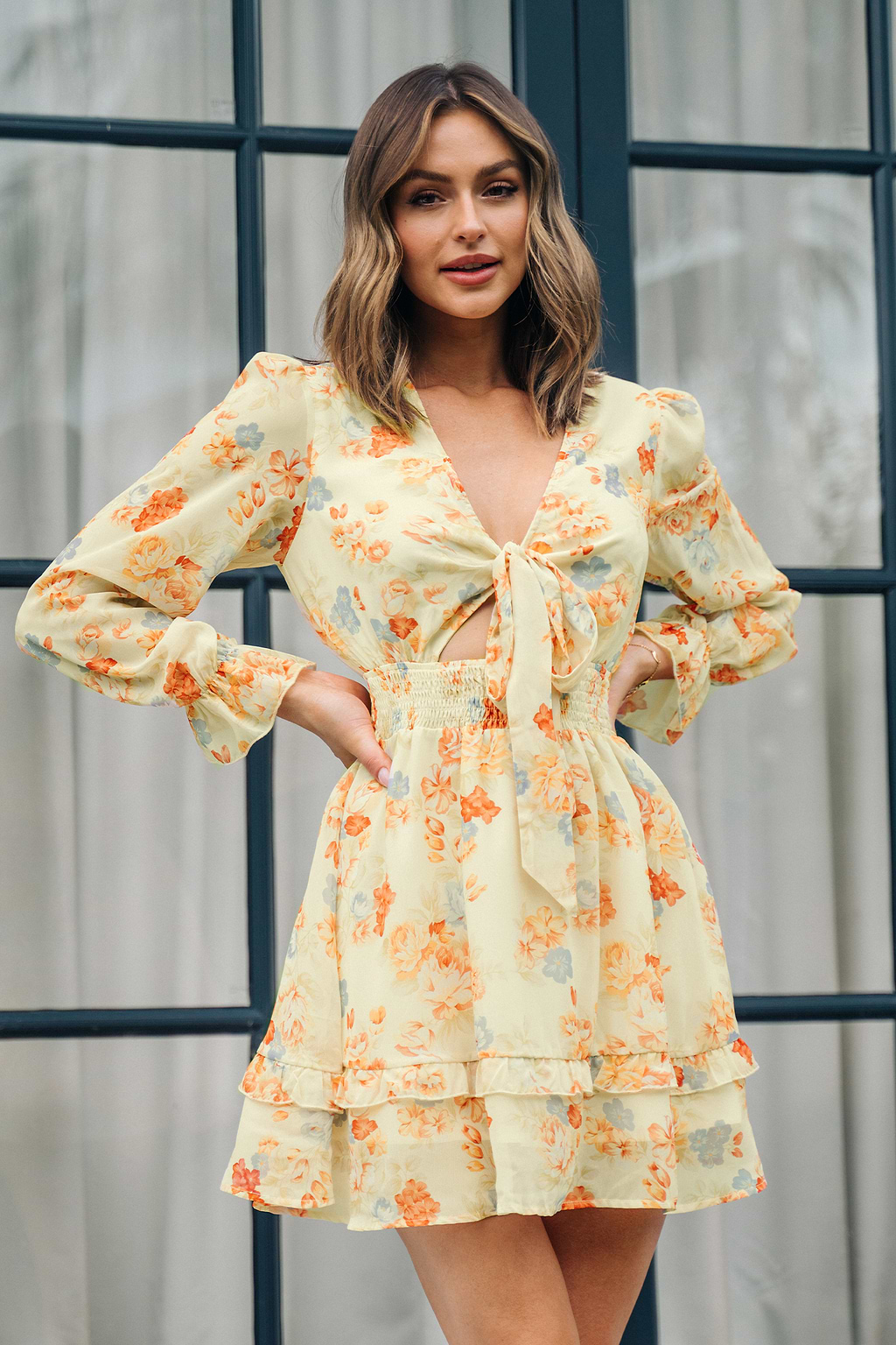 Celina V-neck Floral Lace Up Mini Dress