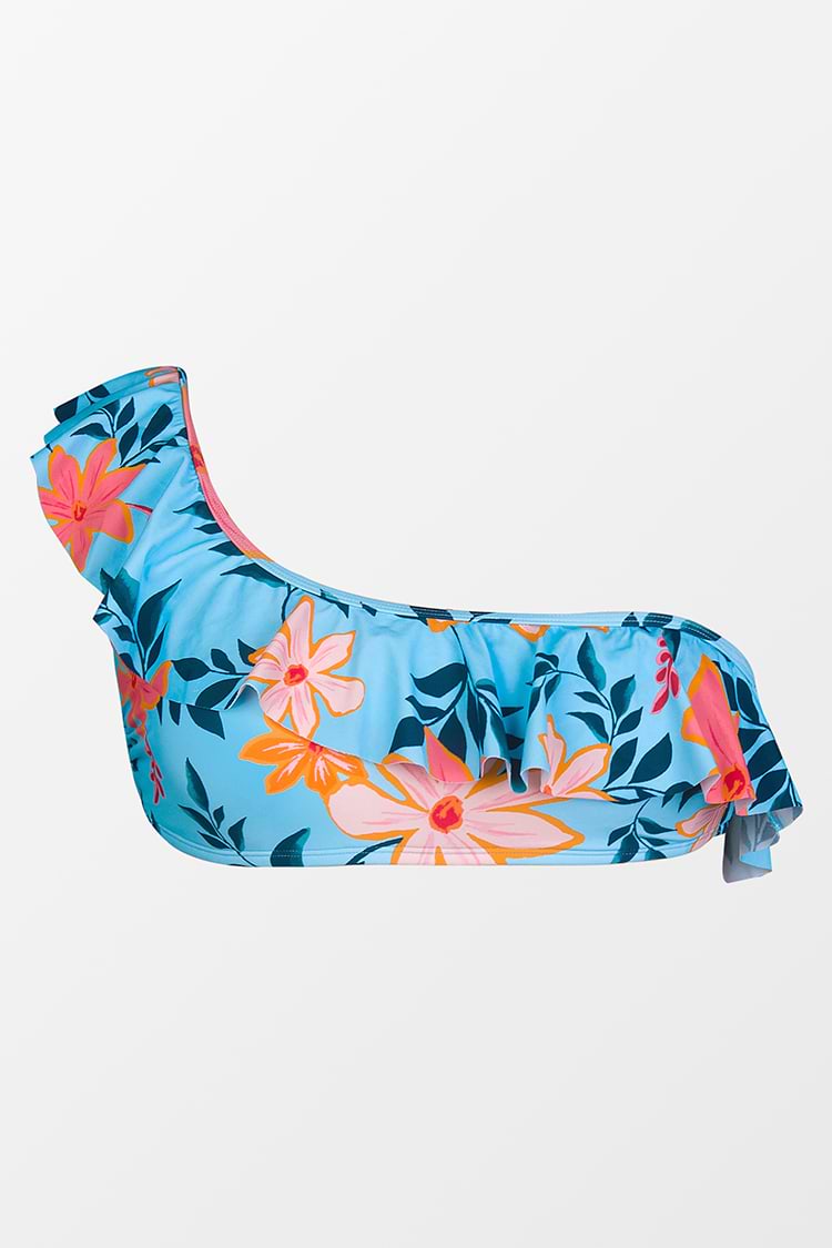 Eine-Schulter Bikini Oberteil mit Allover-Blumendruck und Rüschen