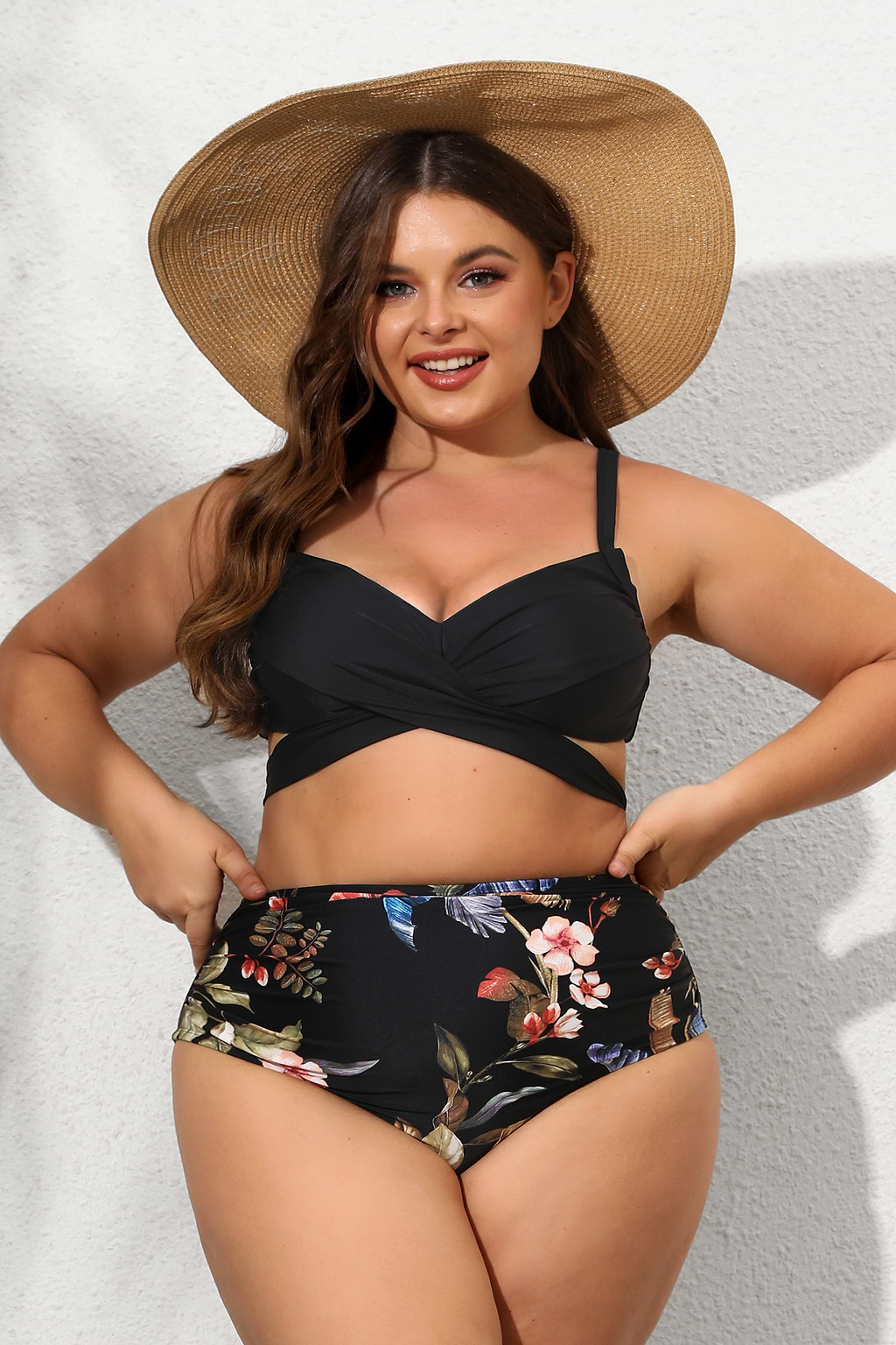 Dark Ground Tropicals Bralette & Shirred Plus Size Bikini Set