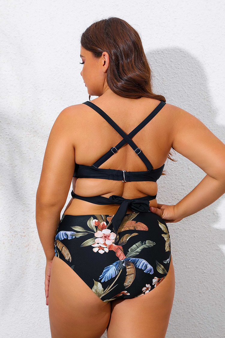 Dark Ground Tropicals Bralette & Shirred Plus Size Bikini Set