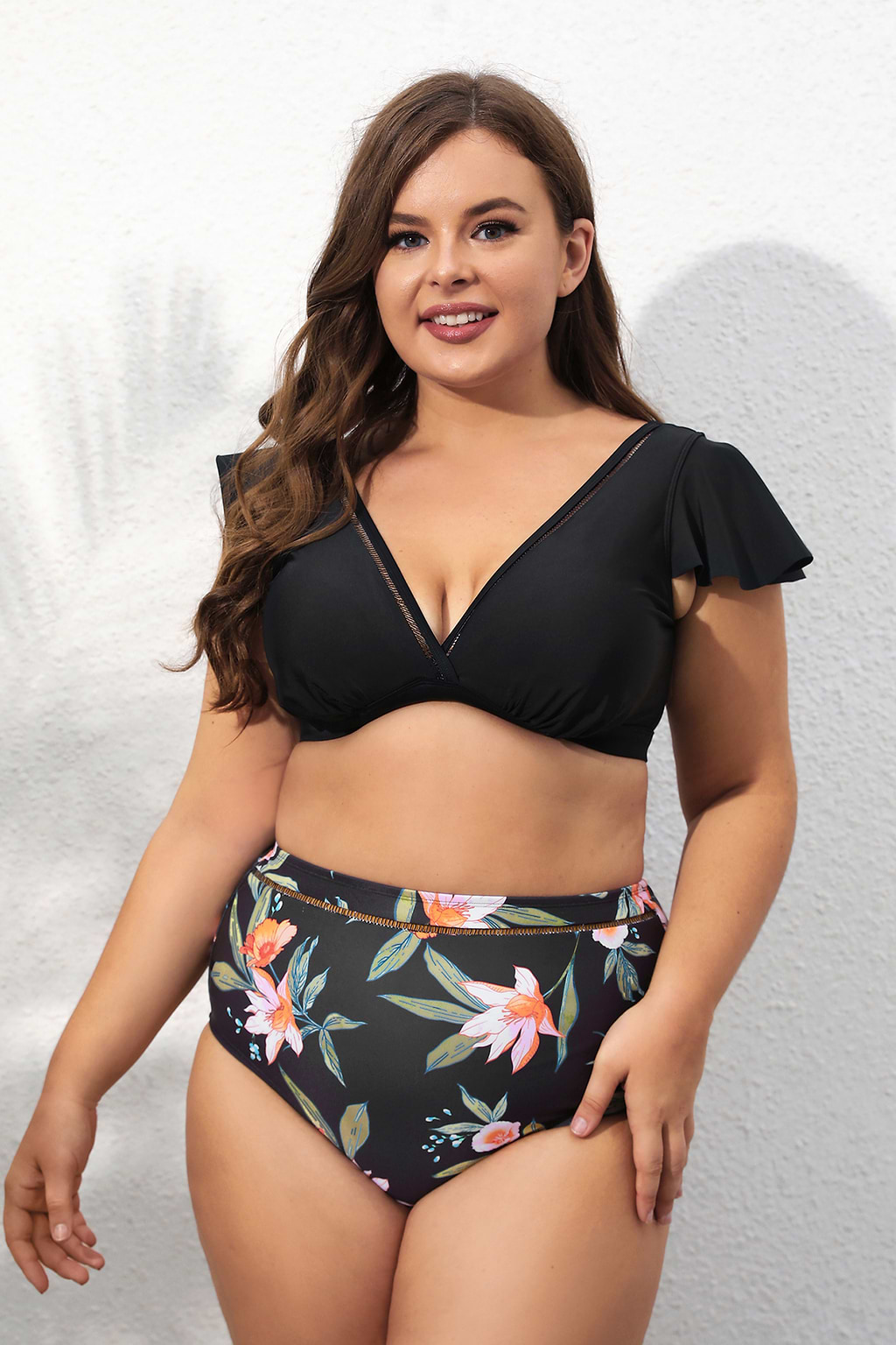 Cap Sleeve Top & High Waist Plus Size Bikini Set