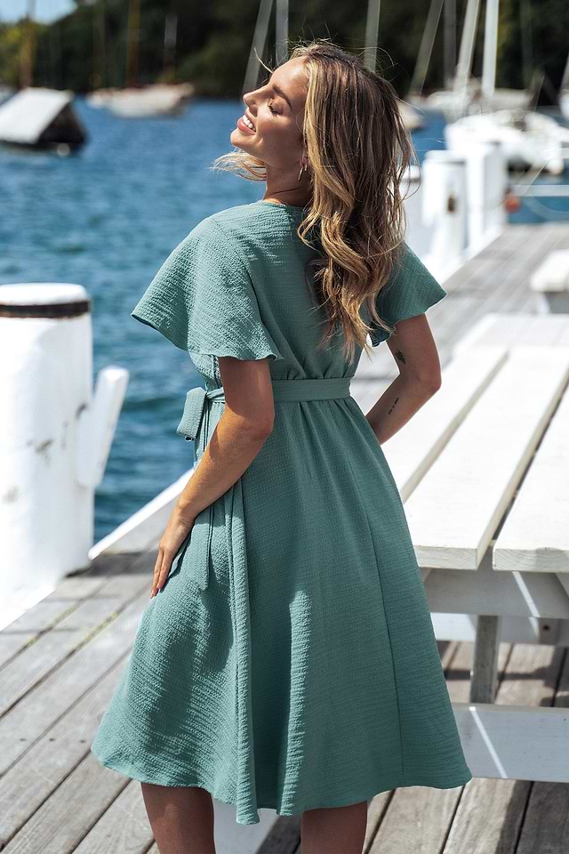 Belted Flare Sleeve Midi Dress Belted Flare Sleeve Midi Dress