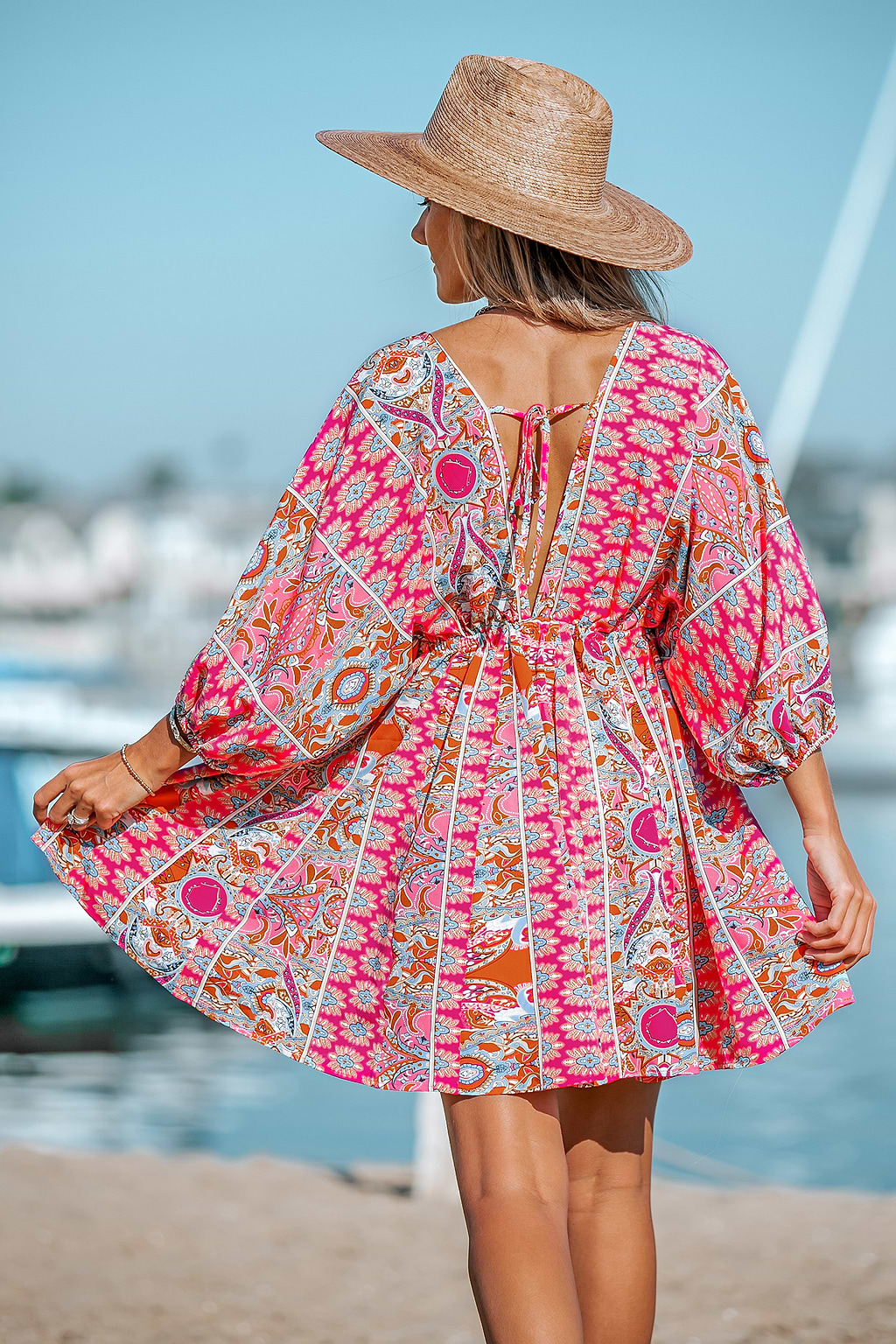 Honopu Paisley Print Plunge Mini Dress