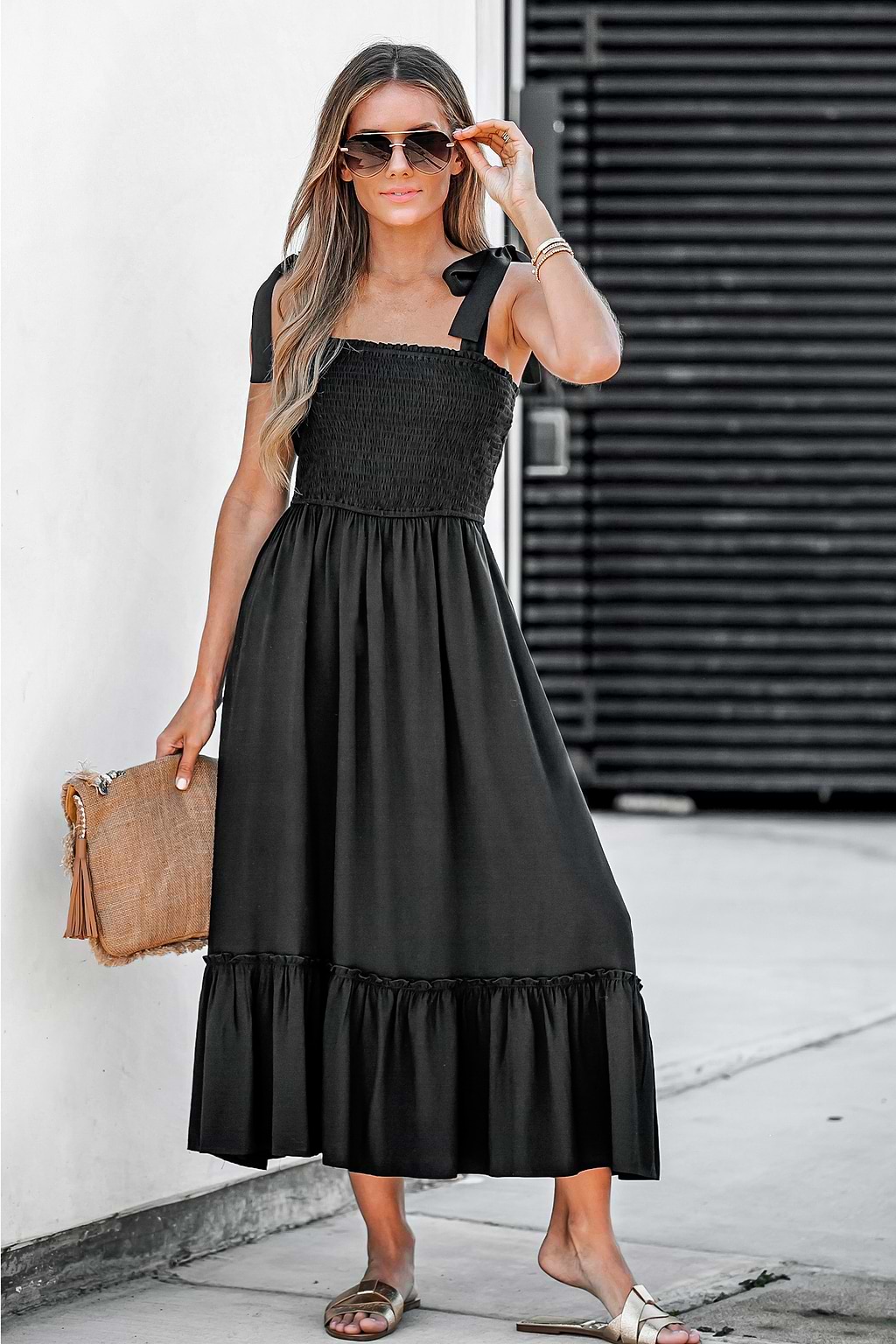 Destini Smocked Tie-Strap Maxi Dress