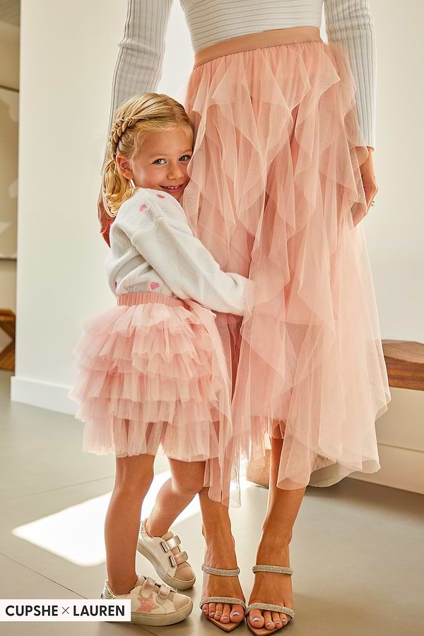 Jupe Fille Hype Rose Taille L - Mousseline Transparente Superposée à Pois Et Motifs Floraux