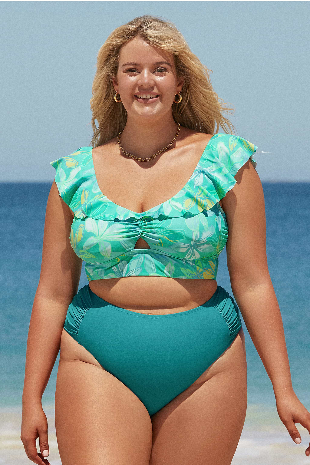 Bralette de bikini de talla grande con volantes florales