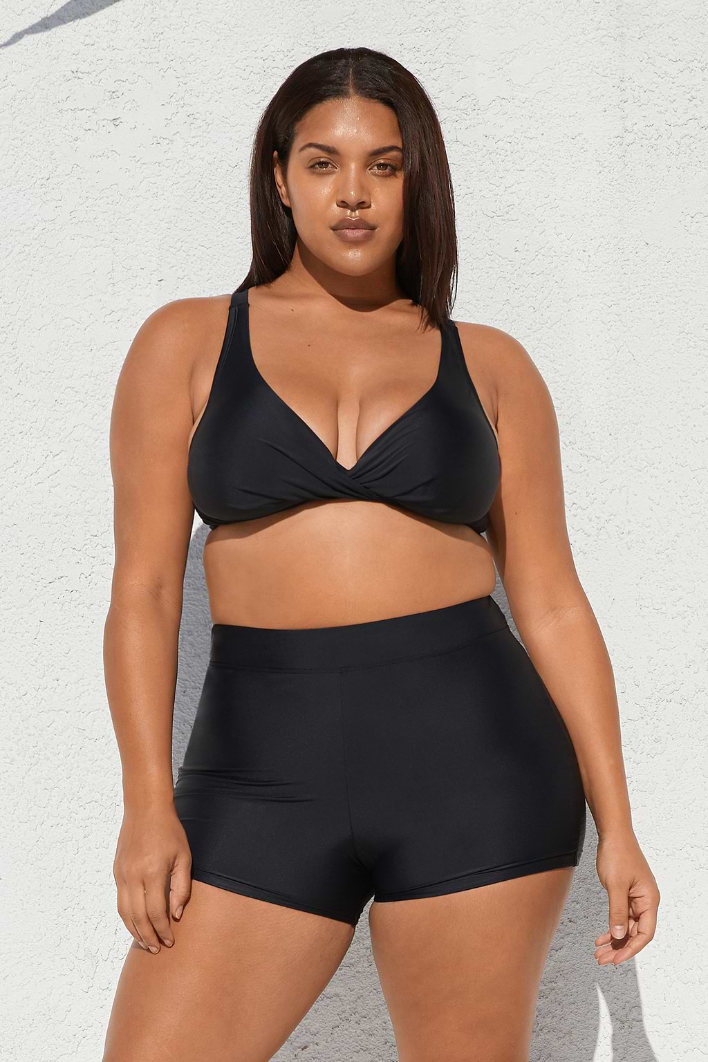 Plus Size Wrap Bralette & Bike Shorts Black Swim Set