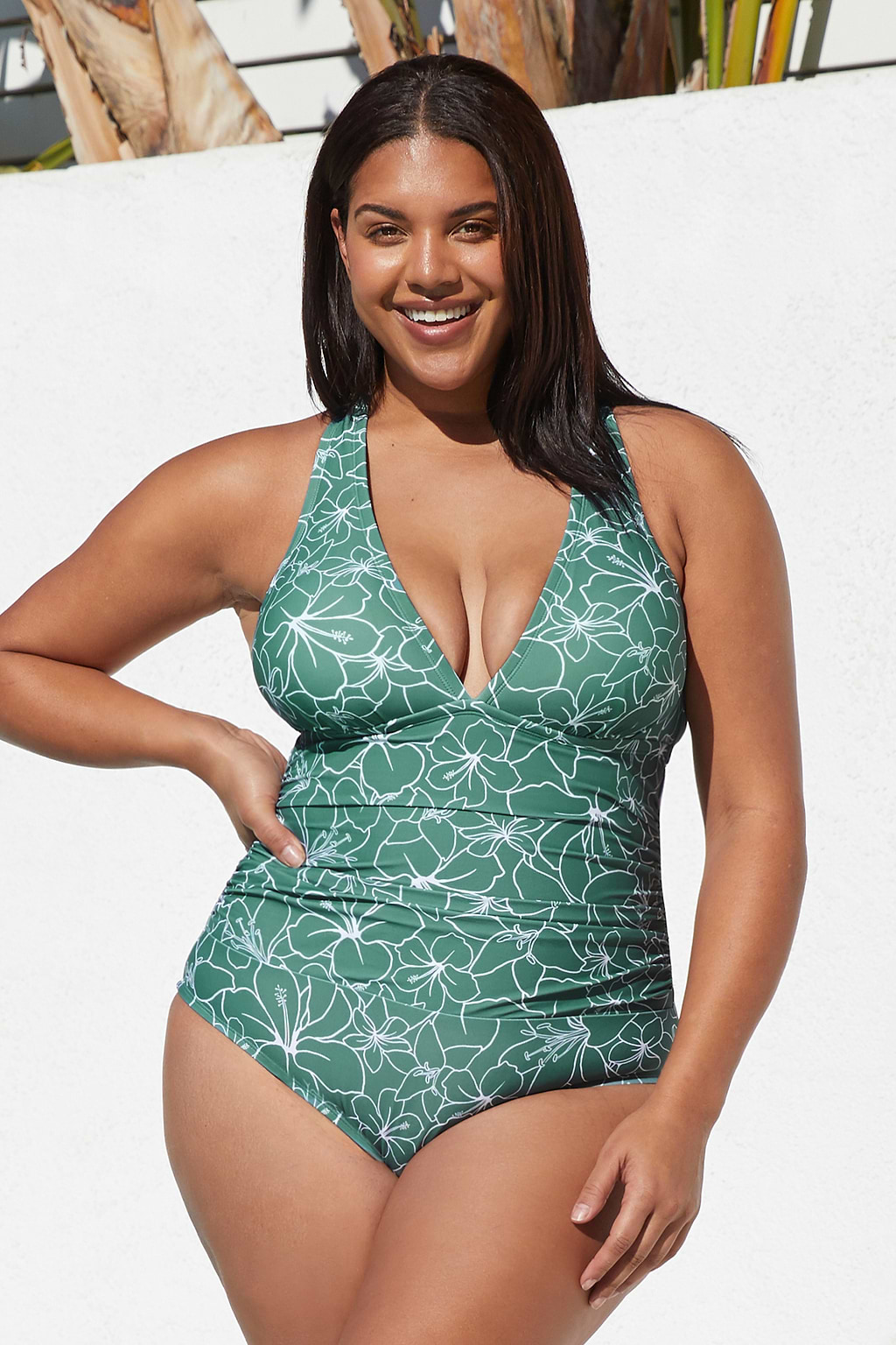 Traje de baño de una pieza fruncido con lazo en la espalda y talla grande