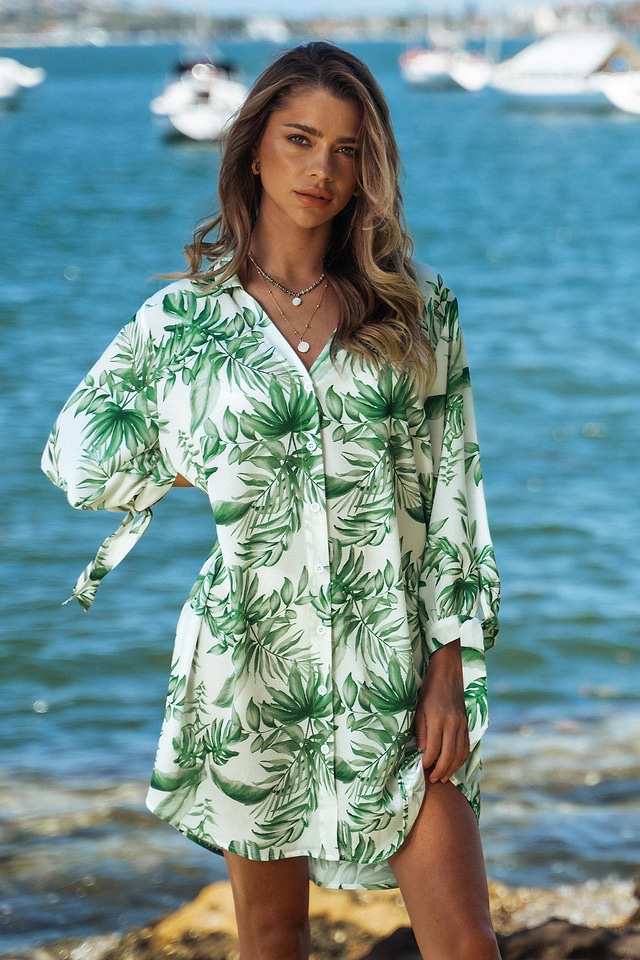 Tropical Leaf Print Cover-Up Shirt Dress