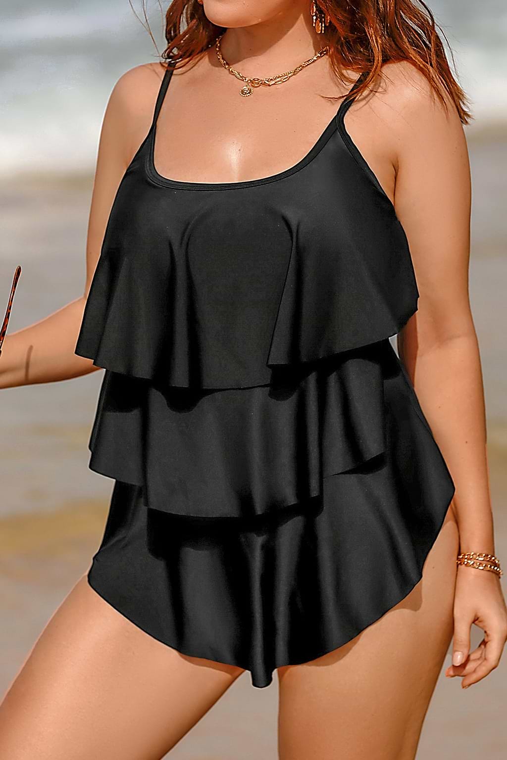 Ruffled Scoop Neck Plus Size One Piece Swimsuit
