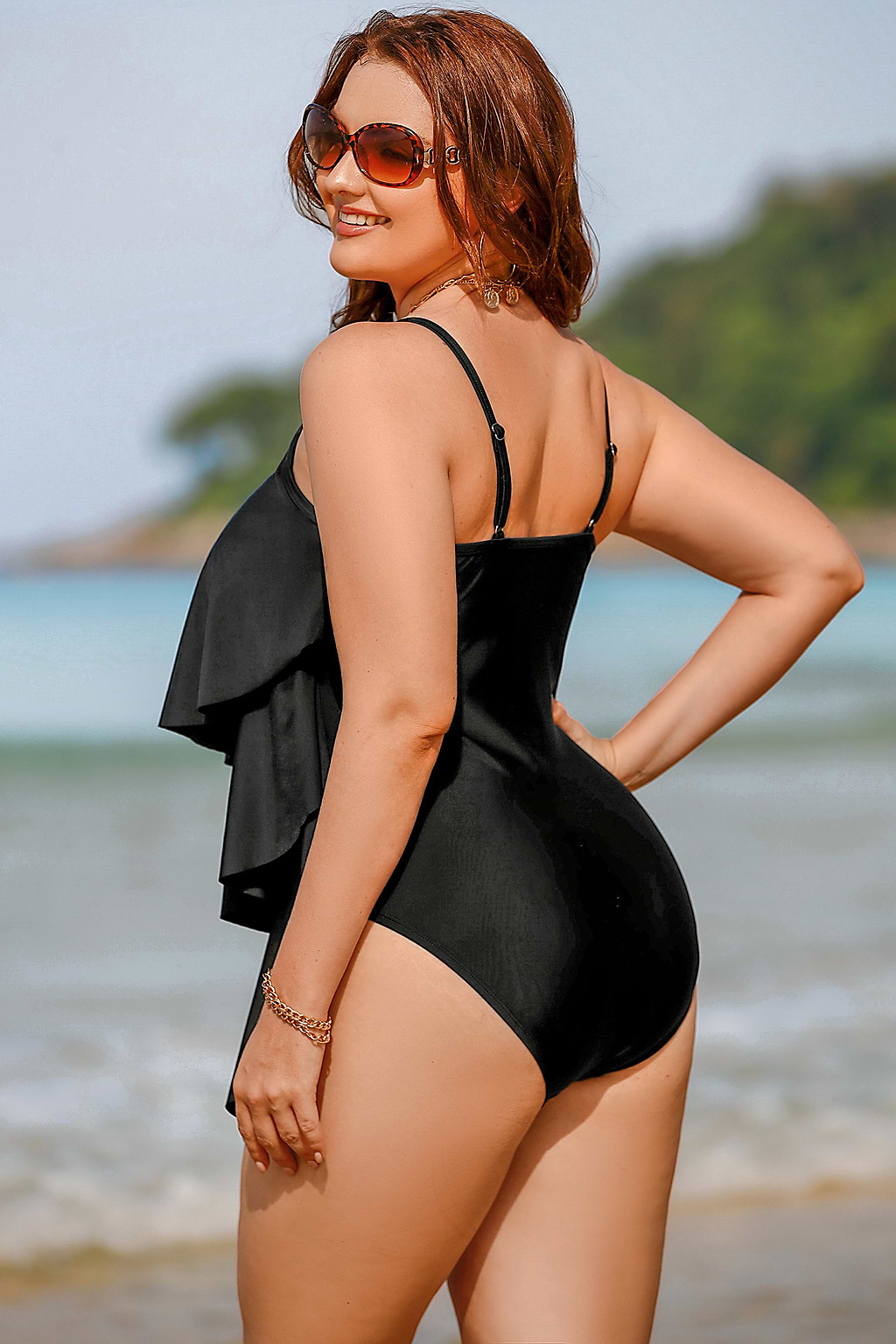 Ruffled Scoop Neck Plus Size One Piece Swimsuit