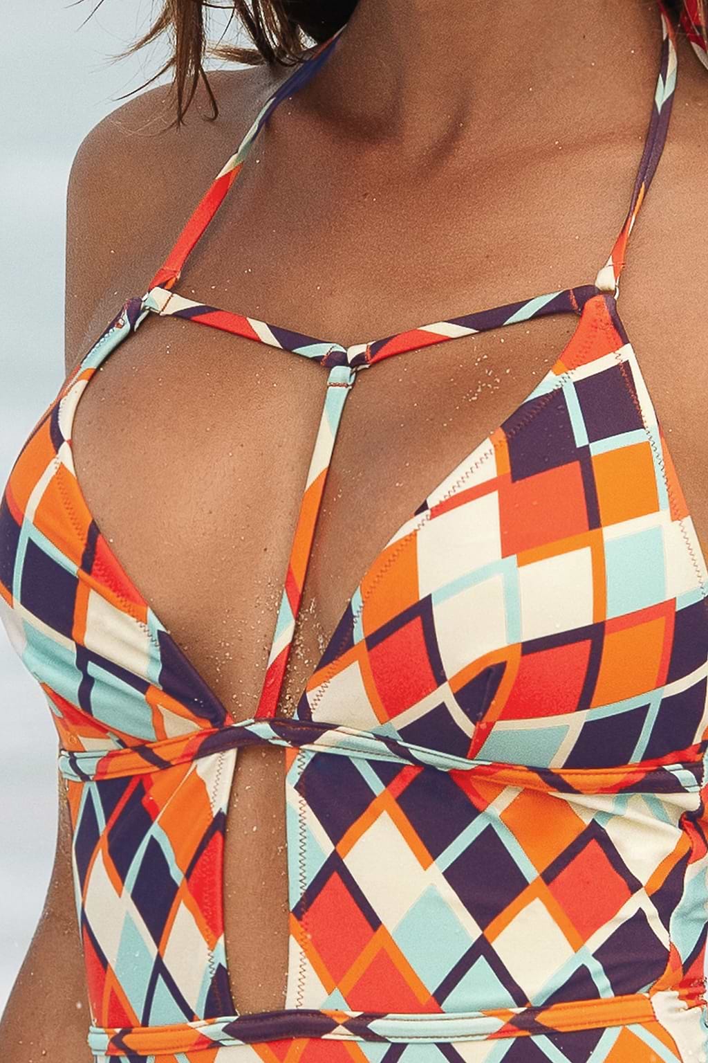 Bañador Una Pieza con Escote Pronunciado y Estampado Geométrico