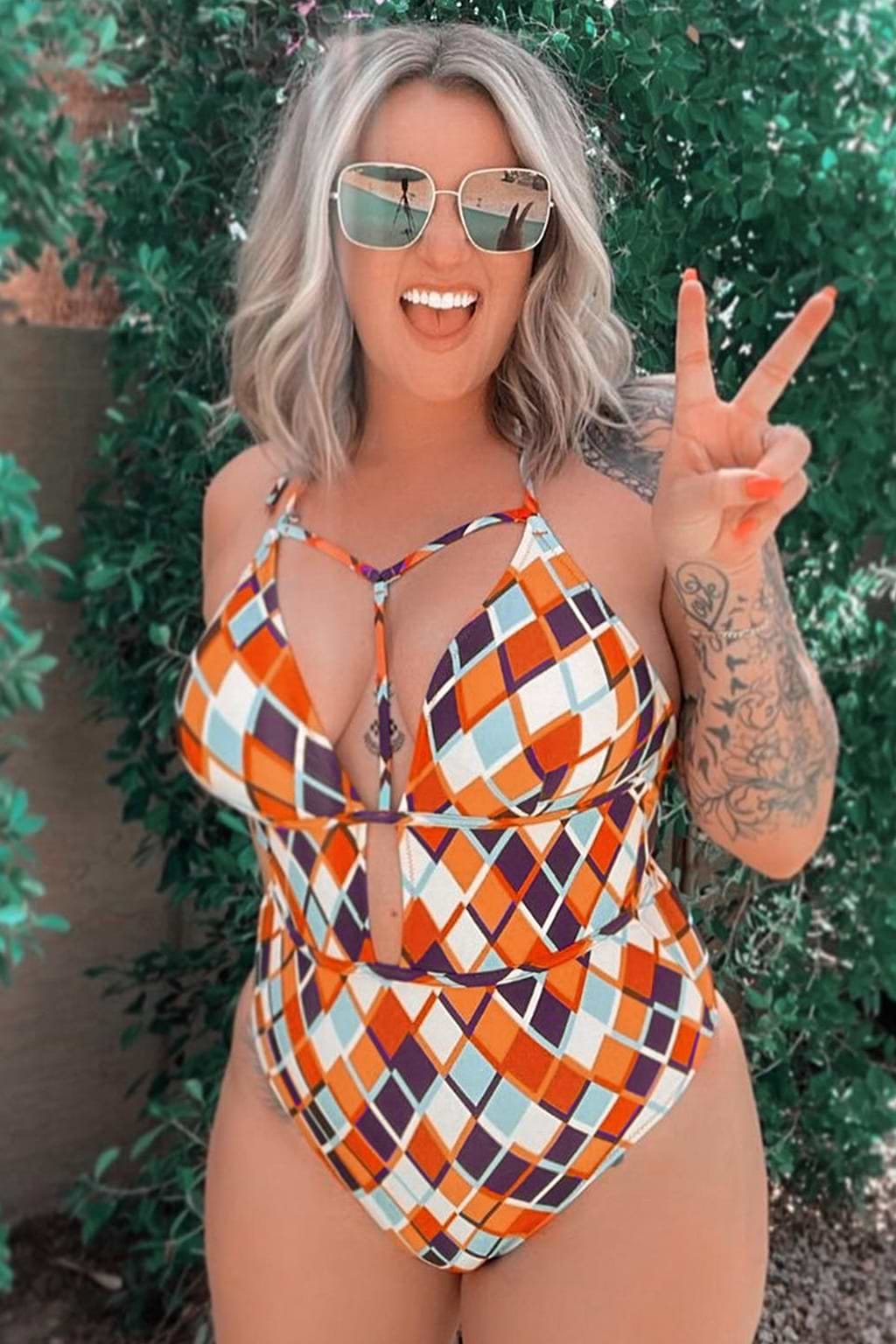Geometric Print Plunging Neckline One Piece Swimsuit