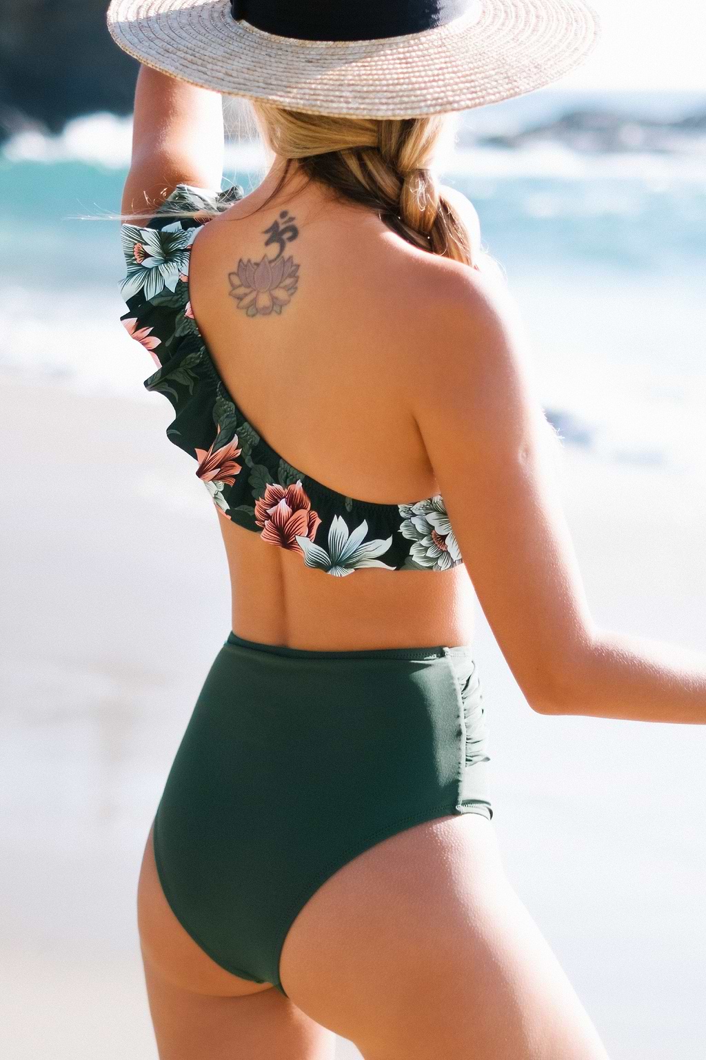Dark Green Floral One Shoulder Ruffle High Waisted Bikini