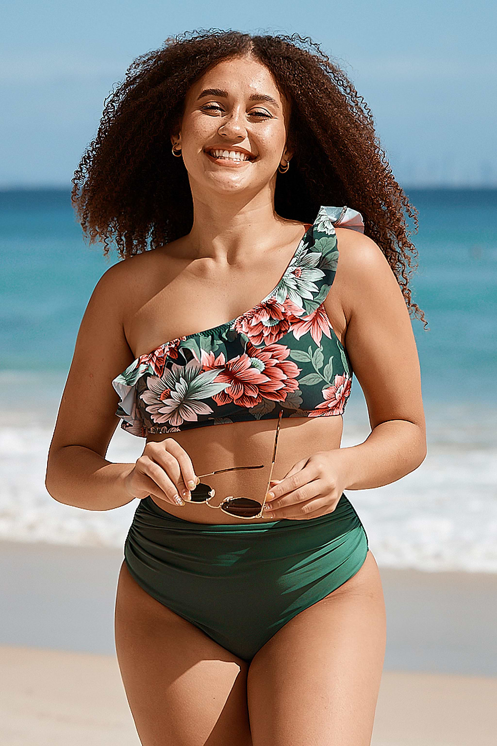 Bikini taille haute à volants et imprimé floral vert foncé