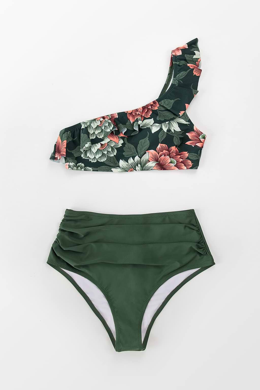 Bikini taille haute à volants et imprimé floral vert foncé