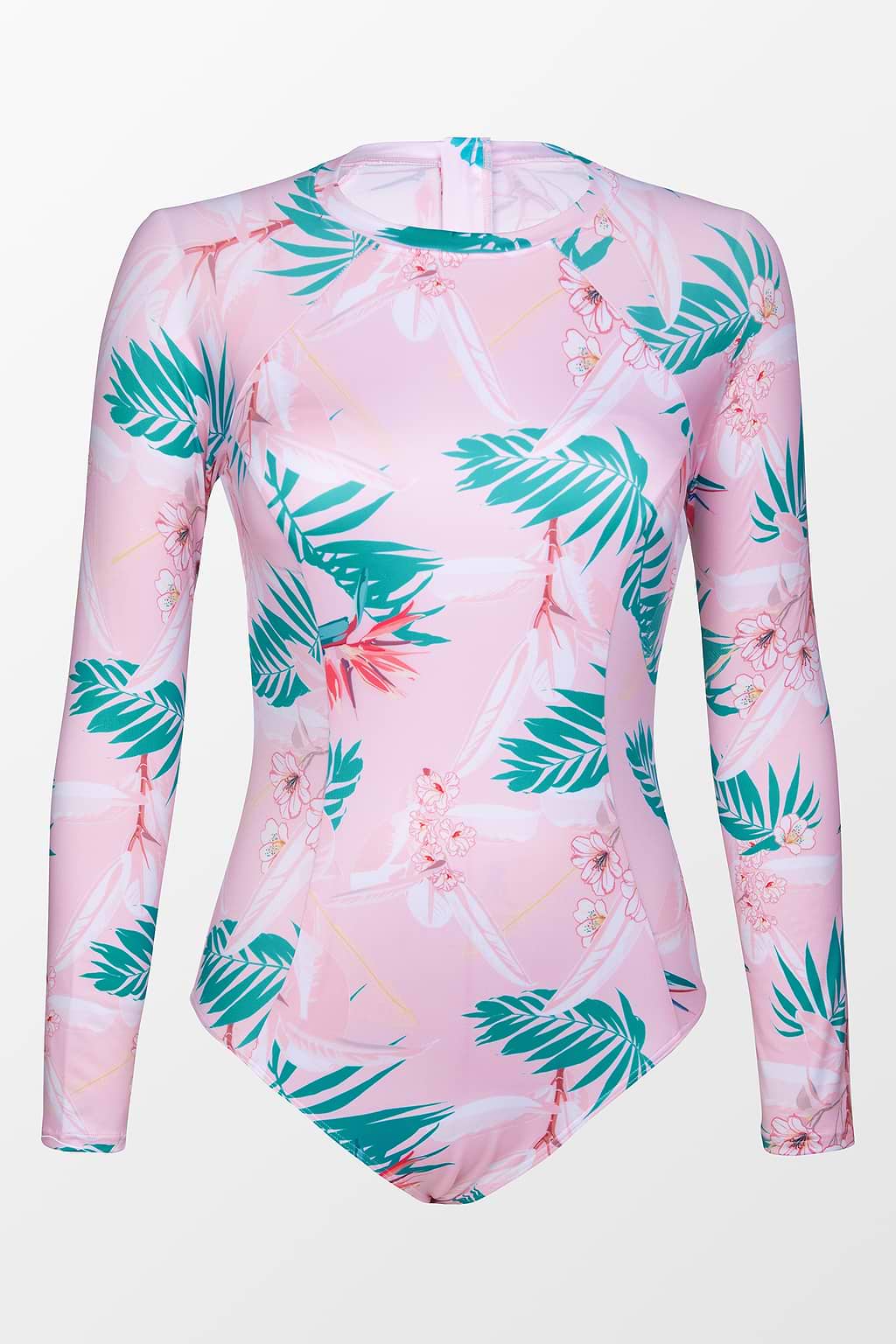 Long Sleeve Print Pink One Piece Swimsuit