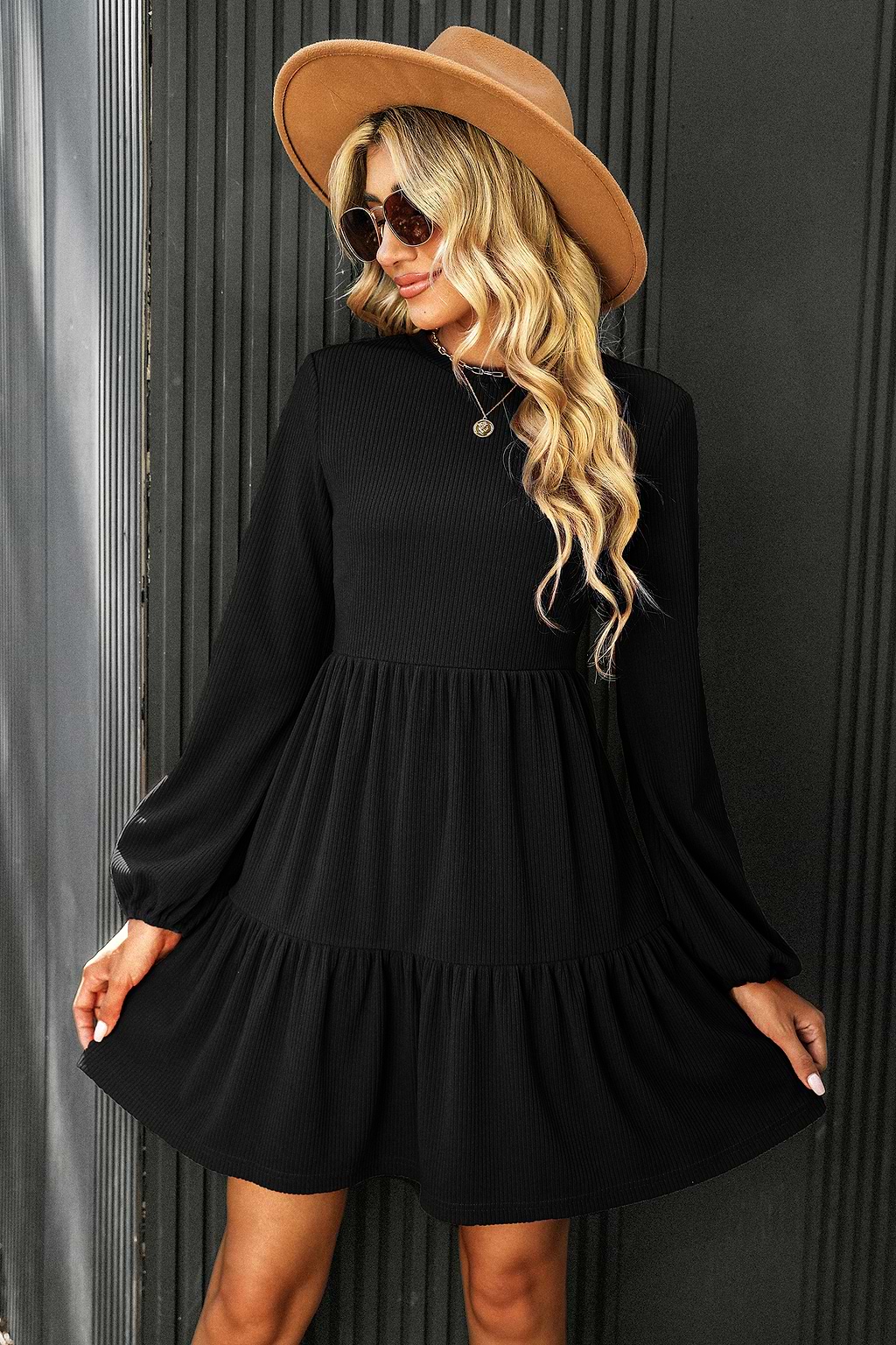 Valda Ribbed Tiered Hem Dress