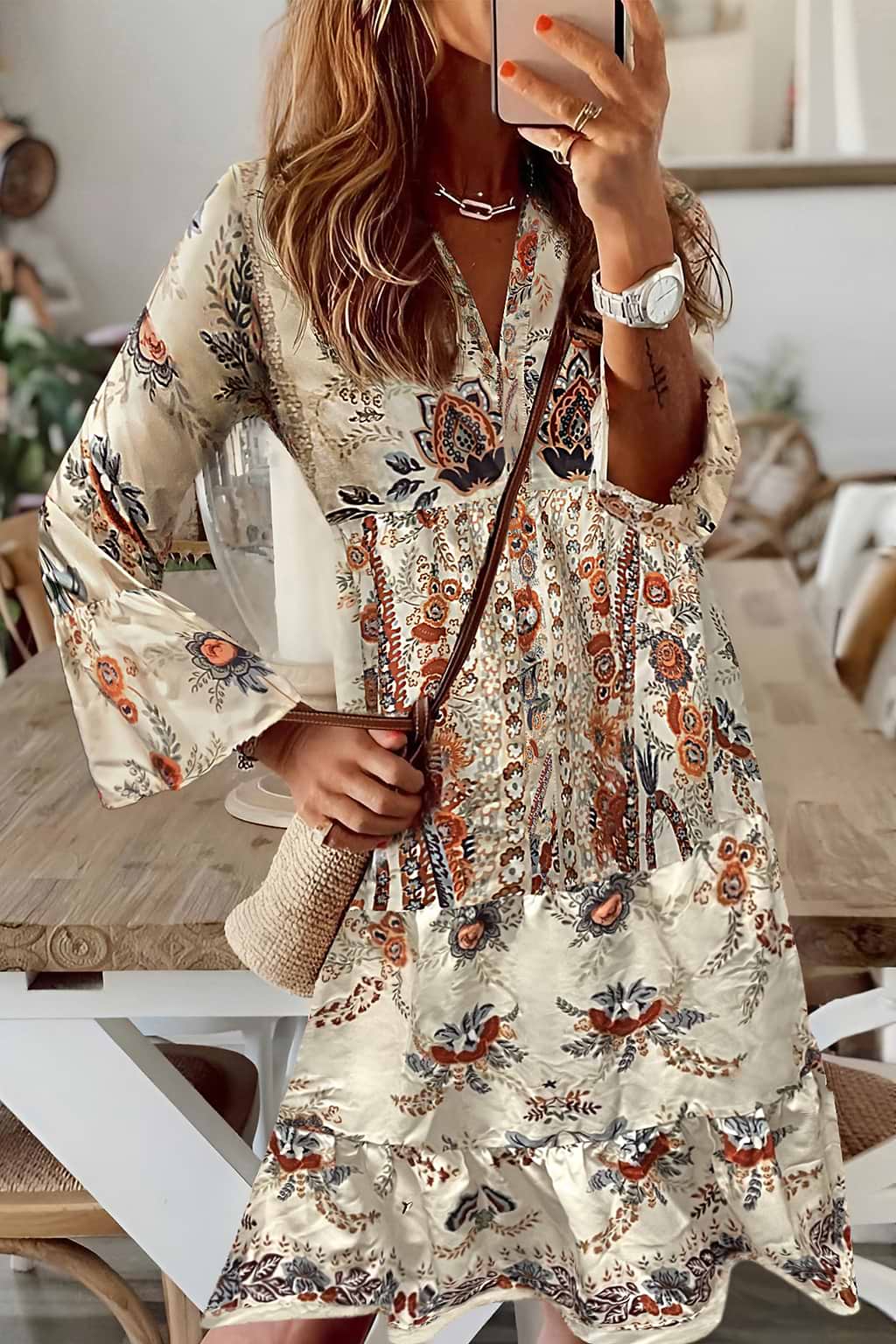 Paisley Blumen V-Ausschnitt Mini-Kleid