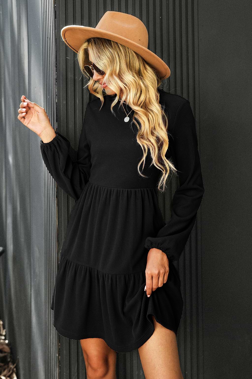 Valda Ribbed Tiered Hem Dress