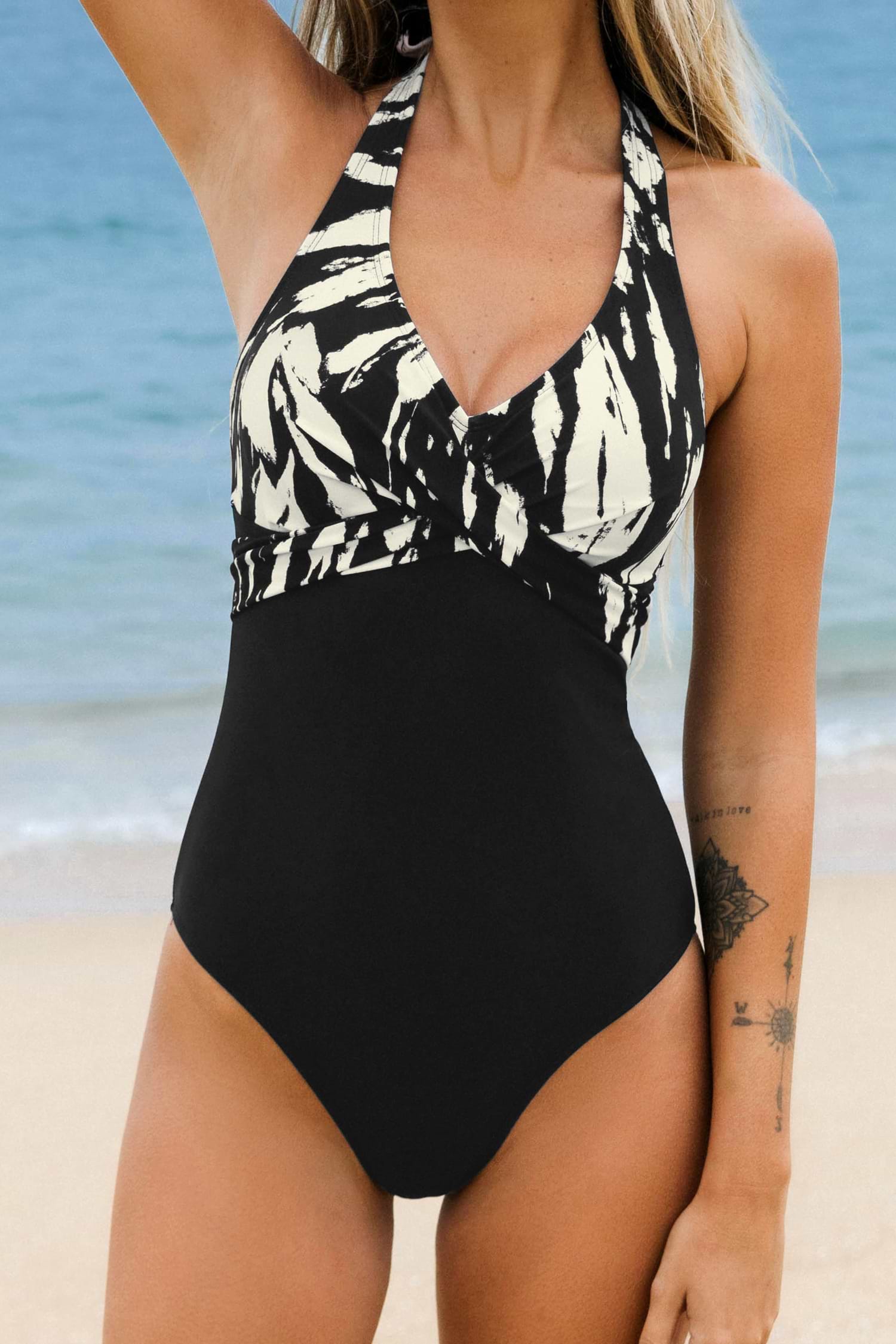 Whimsical Strokes Wrap Front Halter One Piece Swimsuit