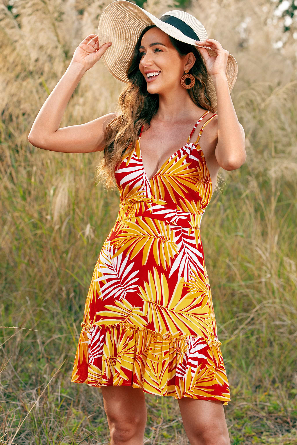 A-förmiges Kleid mit tropischem Pflanzenmuster