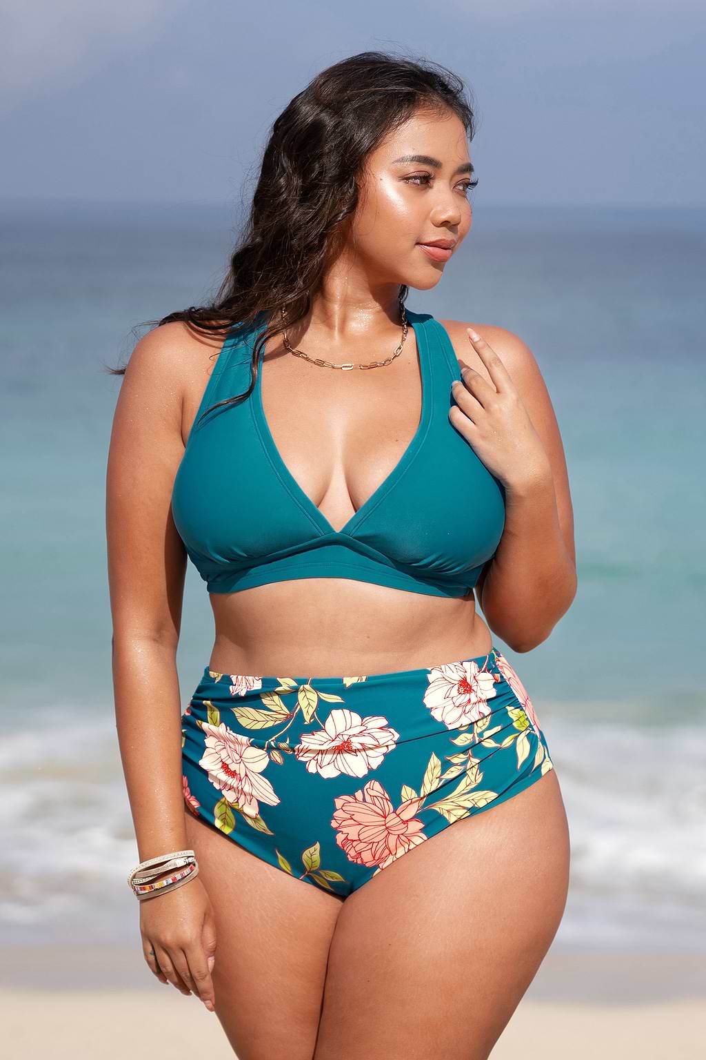 Crystal Teal V-Neck Bralette & Shirred High Waist Bikini Swimsuit