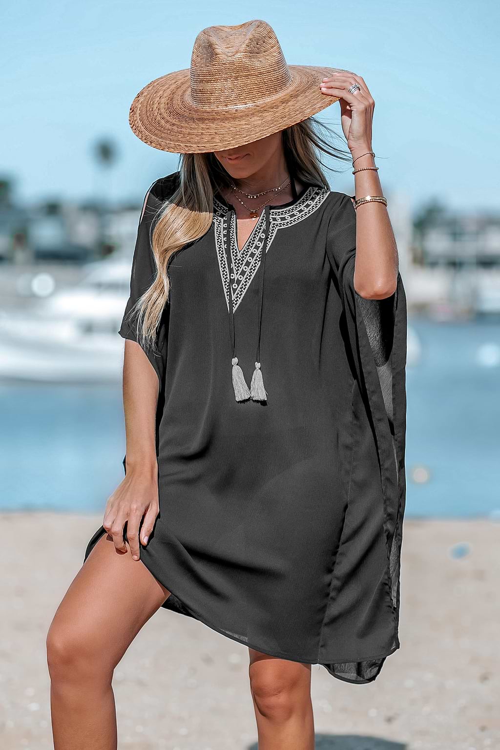 Make It Right Chiffon Tassel Tie Front Cover-Up Dress