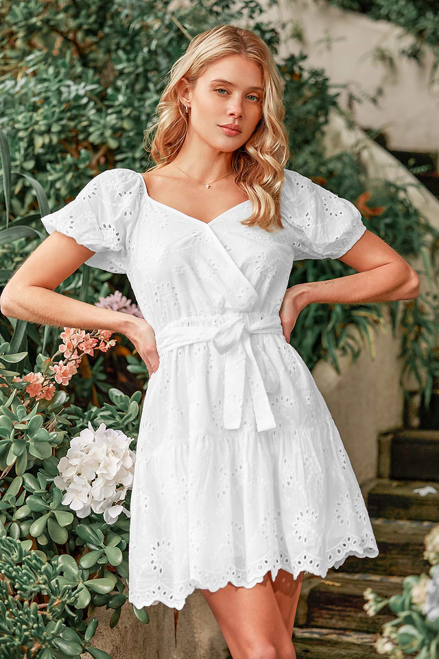 Belted Floral Eyelet Milkmaid Dress Belted Floral Eyelet Milkmaid Dress