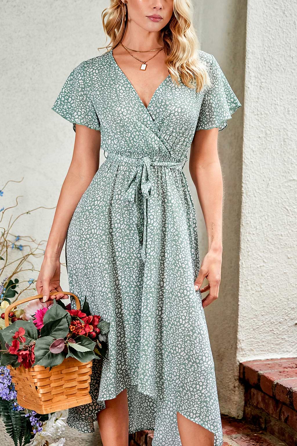 Gewebtes Midikleid mit Leopardenmuster und Gürtel