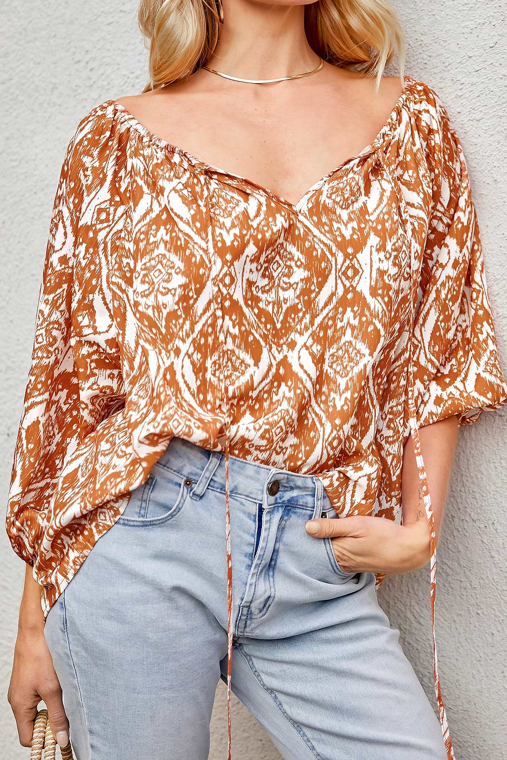 Top de Manga Globo con Estampado Ornamentado