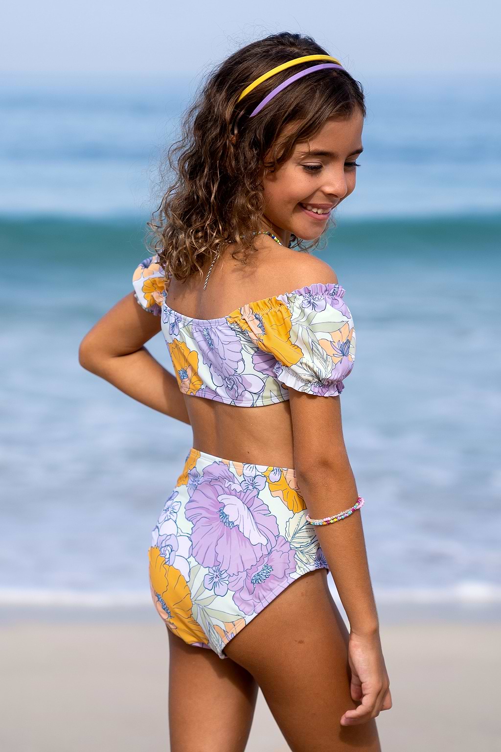 Blumen Oberteil mit Puffärmeln & High Waist Bikini-Set