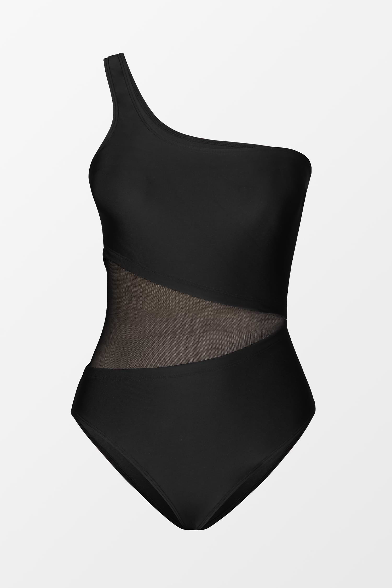 Forest Adventure Solid Mesh One Shoulder Black One Piece
