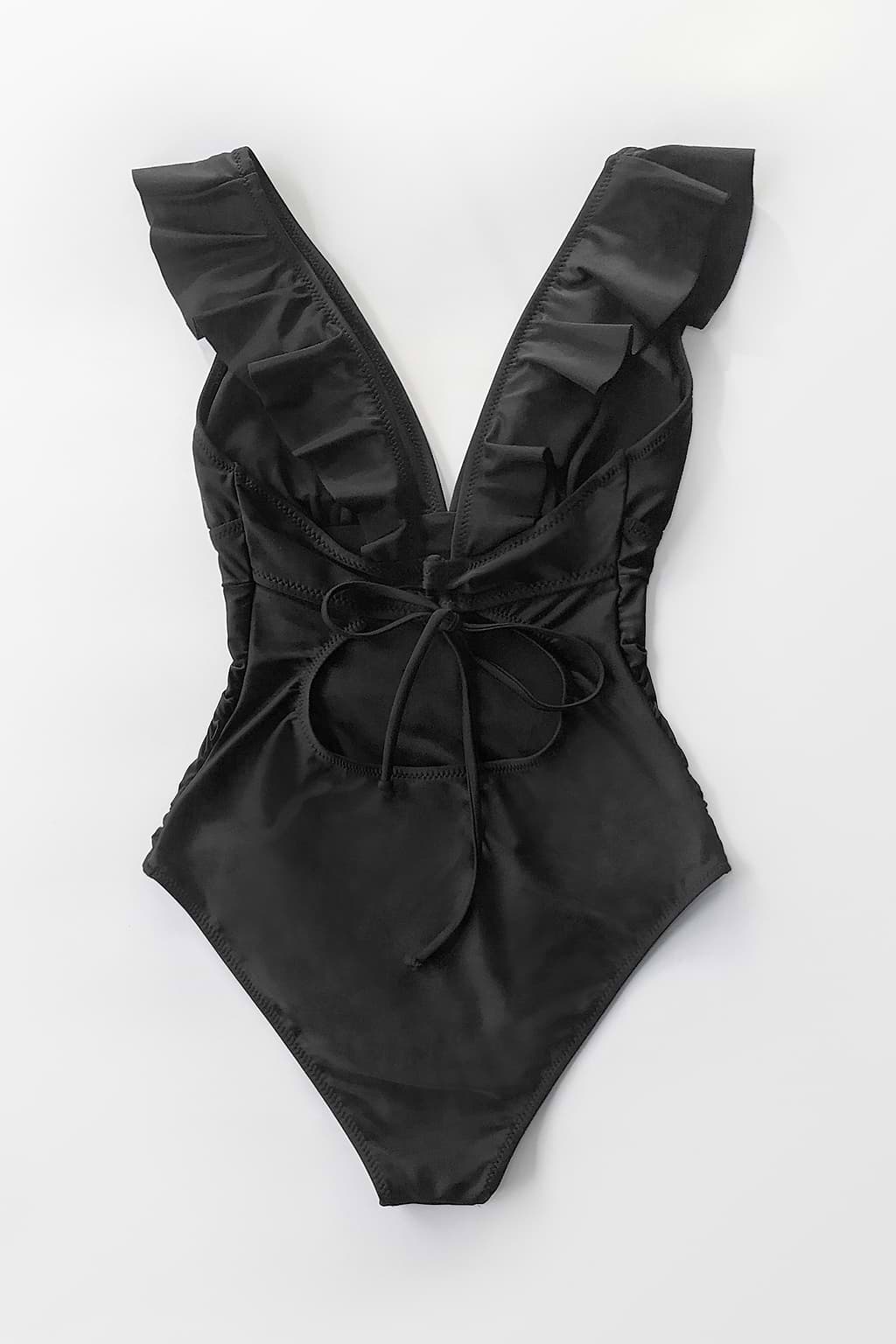 Summer Seaside Ruffled Ruched Plunge Gathered Black One Piece