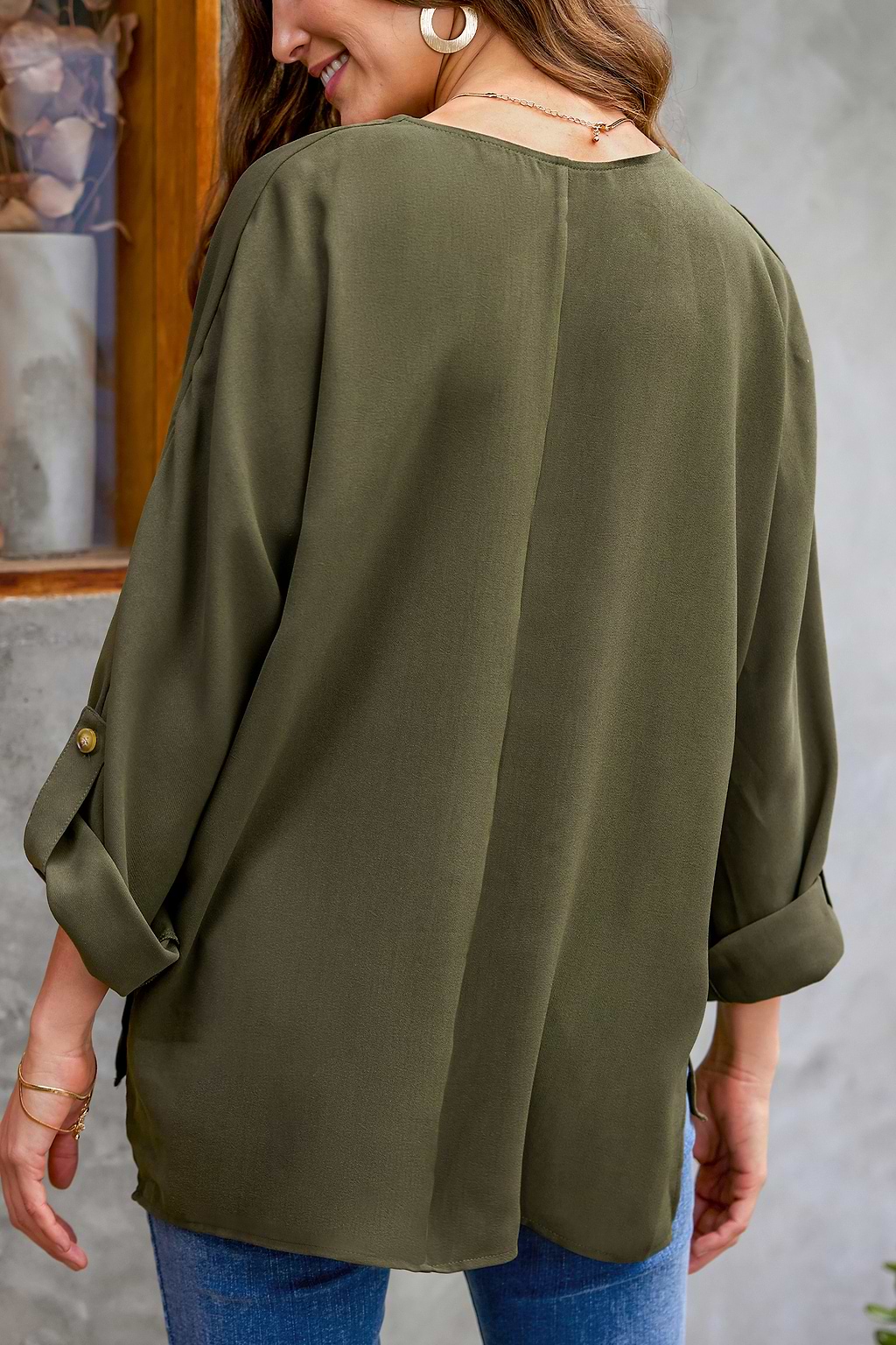 Addison V-Neck Rolled Cuff Top