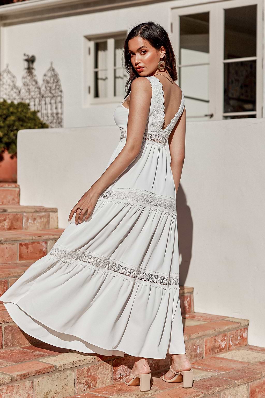 White Canvas Lace Trim V-Neck Maxi Dress
