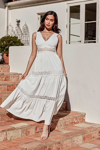 White Canvas Lace Trim V-Neck Maxi Dress