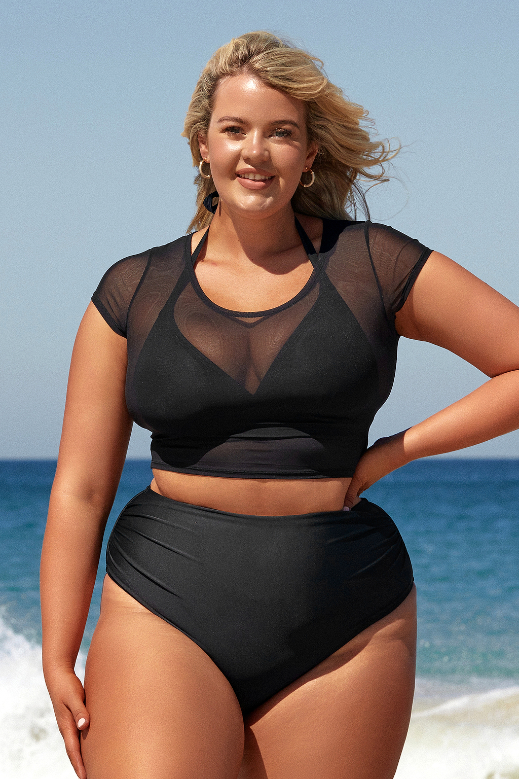 Conjunto de bikini de talla grande con parte superior de malla triangular y cintura alta