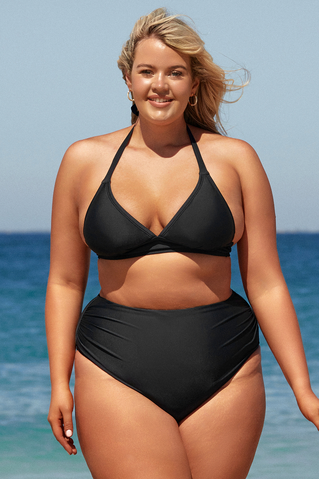 Conjunto de bikini de talla grande con parte superior de malla triangular y cintura alta